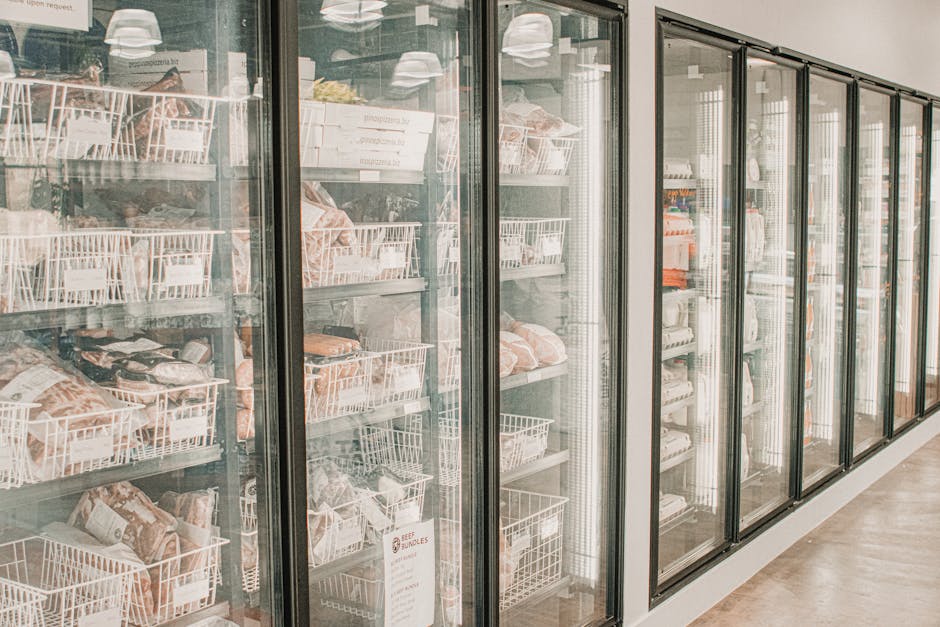 Freezer not freezing target condition: frozen meats organized in a freezer with transparent doors and labeled sections, showing the rock-solid frozen state you should see when the freezer not freezing problem is fixed