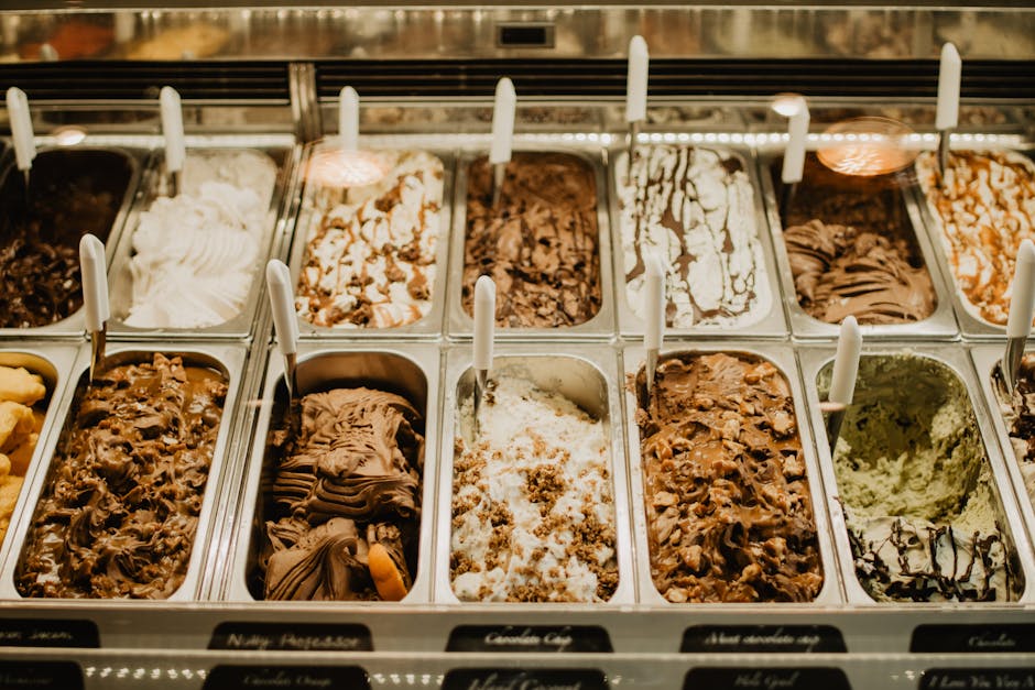 Freezer not freezing reference: close-up of various gelato flavors held rock-solid in clean retail trays, illustrating the target firmness you want after fixing a freezer not freezing problem