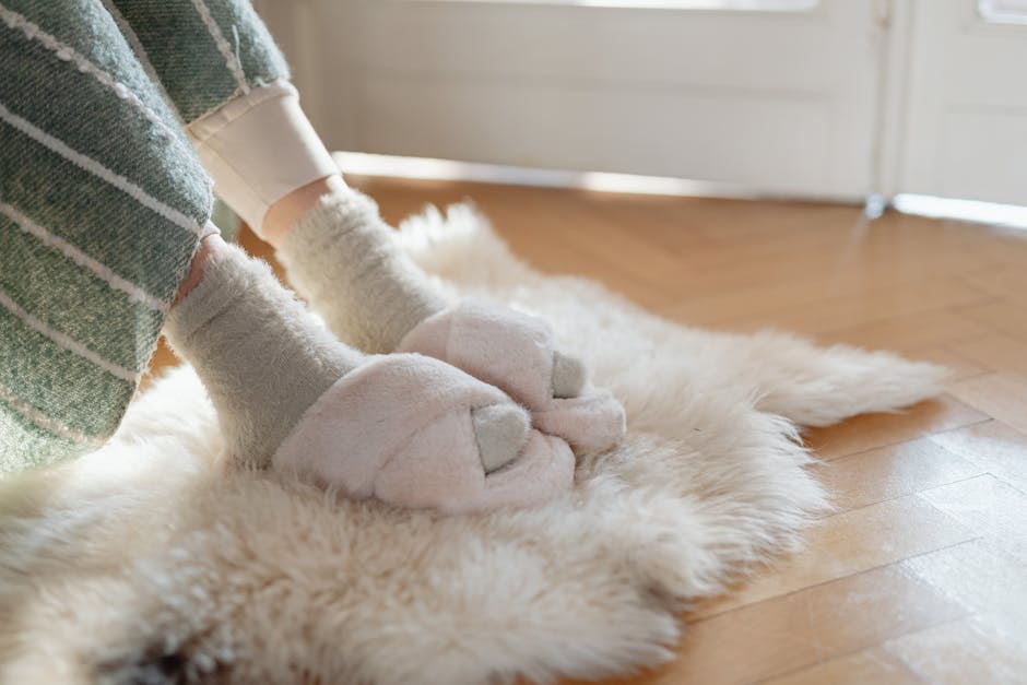 Warm cozy slippers on a fluffy rug in sunlight - the goal once your furnace not blowing hot air problem is solved