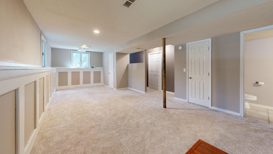 Sump pump not working scenario: a bright clean modern basement with carpet flooring and recessed lighting that depends on a working sump pump