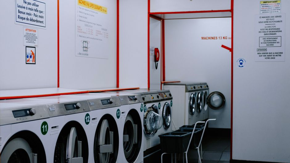 Washing machine vibrating in a home laundry room